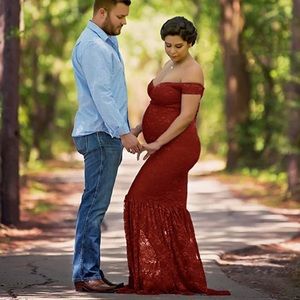 Off Shoulder Short Sleeve V Neck Lace Maternity Gown Maxi Photography Dress